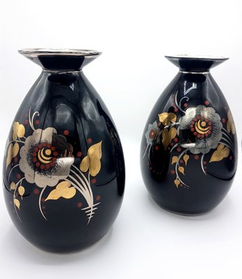 Art Deco Black, Silver, Red & Gold Ceramic Vases by Charles Catteau for Boch Frères, 1933, Set of 2-PCJ-736005