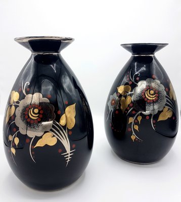 Art Deco Black, Silver, Red & Gold Ceramic Vases by Charles Catteau for Boch Frères, 1933, Set of 2-PCJ-736005