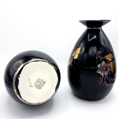 Art Deco Black, Silver, Red & Gold Ceramic Vases by Charles Catteau for Boch Frères, 1933, Set of 2-PCJ-736005