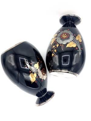 Art Deco Black, Silver, Red & Gold Ceramic Vases by Charles Catteau for Boch Frères, 1933, Set of 2-PCJ-736005