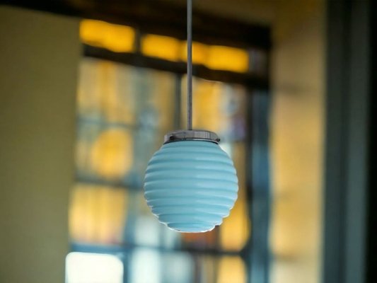 Art Deco Blue Ribbed Glass Pendant Lamp, 1950s-SCS-1001782