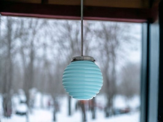 Art Deco Blue Ribbed Glass Pendant Lamp, 1950s-SCS-1001782