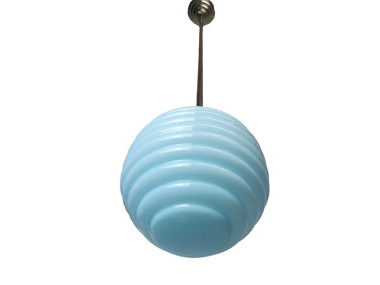 Art Deco Blue Ribbed Glass Pendant Lamp, 1950s-SCS-1001782