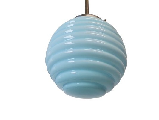 Art Deco Blue Ribbed Glass Pendant Lamp, 1950s-SCS-1001782