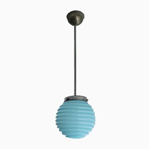 Art Deco Blue Ribbed Glass Pendant Lamp, 1950s-SCS-1001782