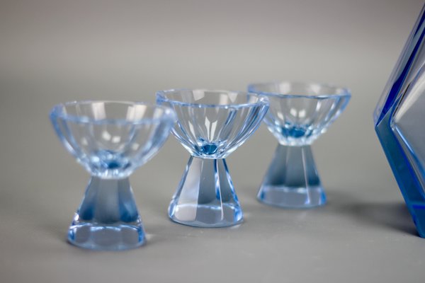 Art Deco Bohemian Blue Color Glass Decanter and Glasses, 1930s, Set of 7-KEG-1396190