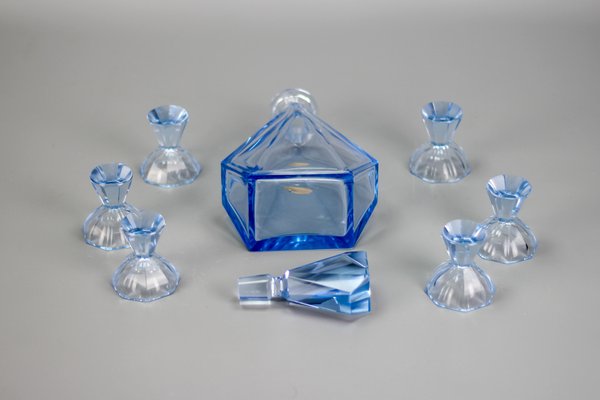 Art Deco Bohemian Blue Color Glass Decanter and Glasses, 1930s, Set of 7-KEG-1396190