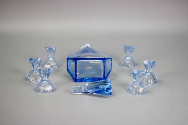 Art Deco Bohemian Blue Color Glass Decanter and Glasses, 1930s, Set of 7-KEG-1396190