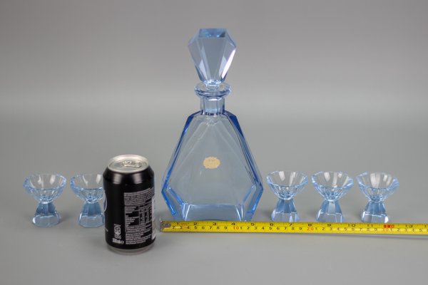 Art Deco Bohemian Blue Color Glass Decanter and Glasses, 1930s, Set of 7-KEG-1396190