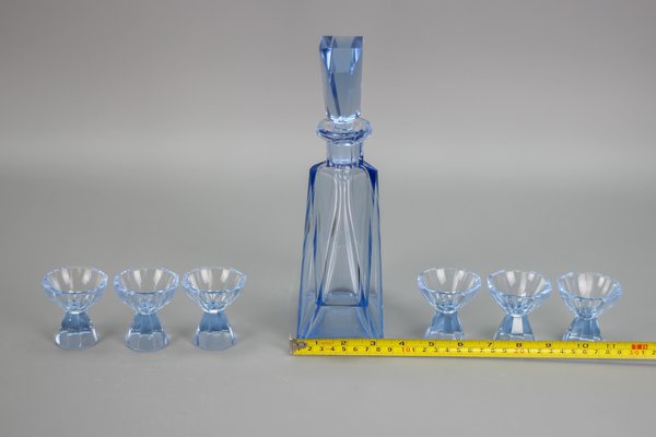 Art Deco Bohemian Blue Color Glass Decanter and Glasses, 1930s, Set of 7-KEG-1396190