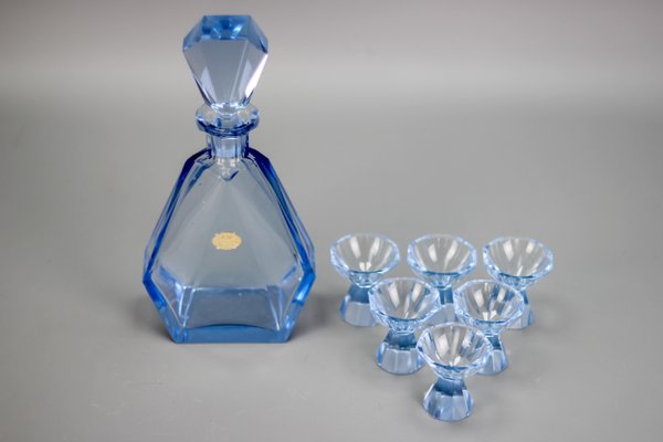 Art Deco Bohemian Blue Color Glass Decanter and Glasses, 1930s, Set of 7-KEG-1396190