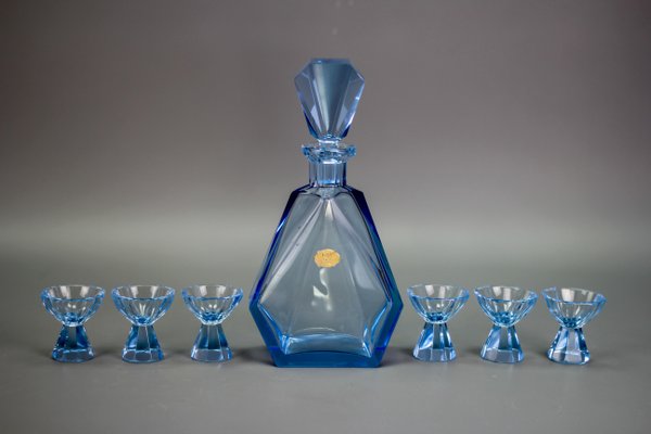 Art Deco Bohemian Blue Color Glass Decanter and Glasses, 1930s, Set of 7-KEG-1396190