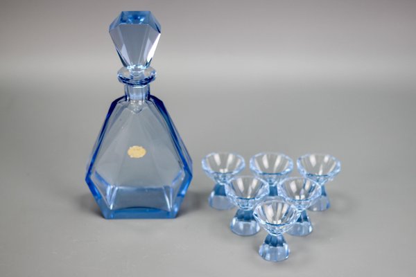 Art Deco Bohemian Blue Color Glass Decanter and Glasses, 1930s, Set of 7-KEG-1396190