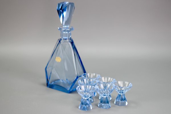 Art Deco Bohemian Blue Color Glass Decanter and Glasses, 1930s, Set of 7-KEG-1396190