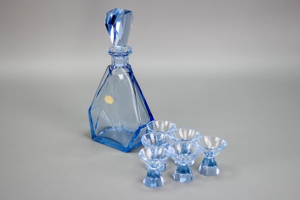 Art Deco Bohemian Blue Color Glass Decanter and Glasses, 1930s, Set of 7-KEG-1396190