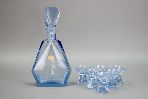 Art Deco Bohemian Blue Color Glass Decanter and Glasses, 1930s, Set of 7-KEG-1396190