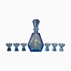 Art Deco Bohemian Blue Color Glass Decanter and Glasses, 1930s, Set of 7-KEG-1396190