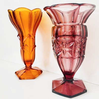 Art Deco Bohemian Purple and Amber Vases in Pressed Glass, 1930s, Set of 2-BMU-1814110