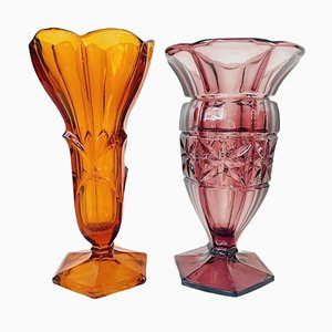 Art Deco Bohemian Purple and Amber Vases in Pressed Glass, 1930s, Set of 2-BMU-1814110