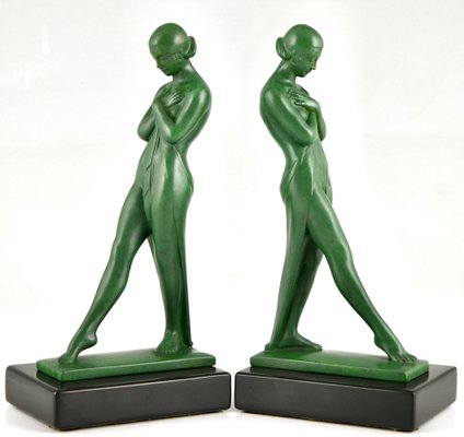 Art Deco Bookends with Standing Nudes by Fayral for Max Le Verrier, 1930s, Set of 2-KTN-1758111