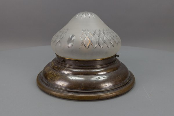 Art Deco Brass and Cut White Frosted Glass Flush Mount, 1930-KEG-1740748