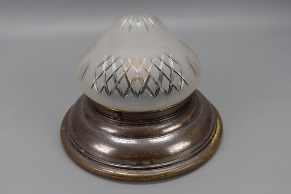 Art Deco Brass and Cut White Frosted Glass Flush Mount, 1930-KEG-1740748