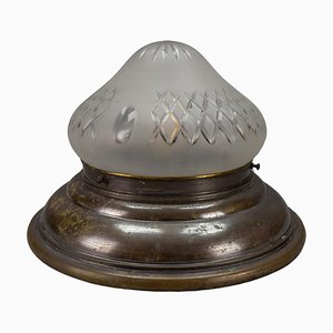 Art Deco Brass and Cut White Frosted Glass Flush Mount, 1930-KEG-1740748