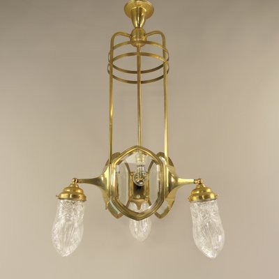 Art Deco Brass Chandelier with Lead Crystal Shades, 1920s-KDB-1823840