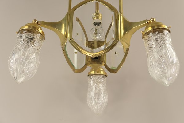 Art Deco Brass Chandelier with Lead Crystal Shades, 1920s-KDB-1823840