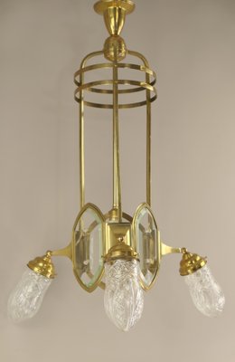 Art Deco Brass Chandelier with Lead Crystal Shades, 1920s-KDB-1823840