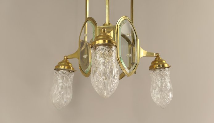 Art Deco Brass Chandelier with Lead Crystal Shades, 1920s-KDB-1823840