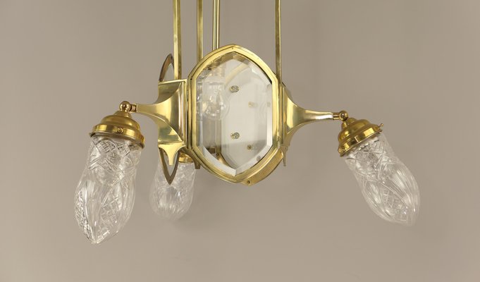 Art Deco Brass Chandelier with Lead Crystal Shades, 1920s-KDB-1823840