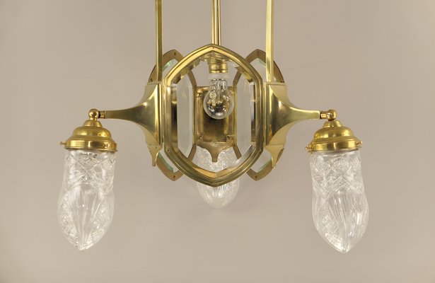 Art Deco Brass Chandelier with Lead Crystal Shades, 1920s-KDB-1823840