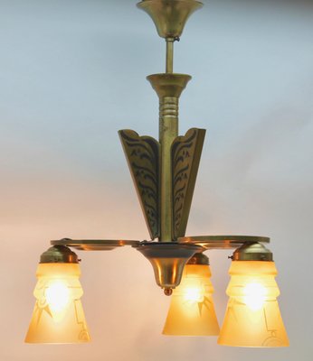 Art Deco Brass Chandelier with Three Arms & Glass Lampshades-MJY-1148975