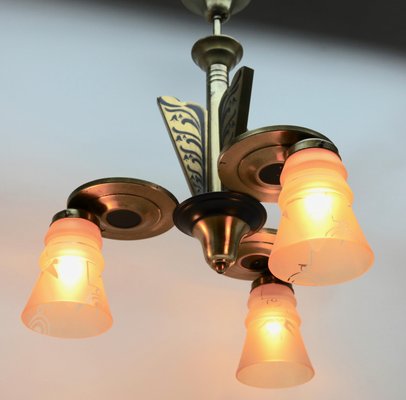 Art Deco Brass Chandelier with Three Arms & Glass Lampshades-MJY-1148975