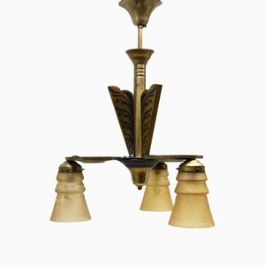 Art Deco Brass Chandelier with Three Arms & Glass Lampshades-MJY-1148975