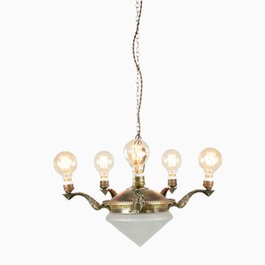 Art Deco Brass & Glass Chandelier-HGJ-1170117