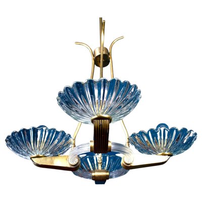 Art Deco Brass Mounted Murano Glass Chandelier attributed to Barovier, 1940s-MBH-1798551