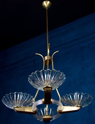 Art Deco Brass Mounted Murano Glass Chandelier attributed to Barovier, 1940s-MBH-1798551