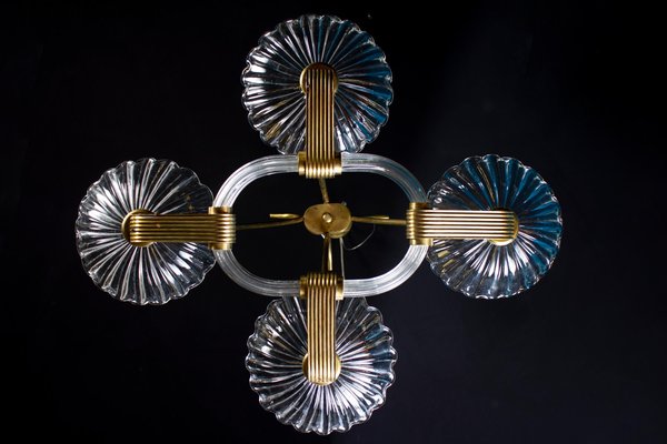 Art Deco Brass Mounted Murano Glass Chandelier attributed to Barovier, 1940s-MBH-1798551