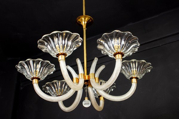 Art Deco Brass Mounted Murano Glass Chandelier by Ercole Barovier, 1940s-MBH-1031633