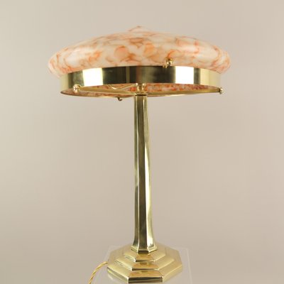 Art Deco Brass Table Lamp with Colored Marbled Glass Shade, Vienna, 1930s-KDB-1703455