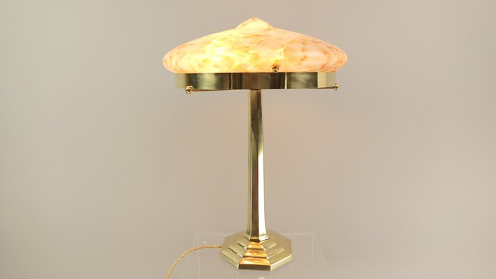 Art Deco Brass Table Lamp with Colored Marbled Glass Shade, Vienna, 1930s-KDB-1703455