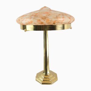 Art Deco Brass Table Lamp with Colored Marbled Glass Shade, Vienna, 1930s-KDB-1703455