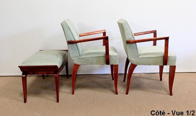 Art Deco Bridge Armchairs and Stool, 1940s, Set of 3-RVK-1009291