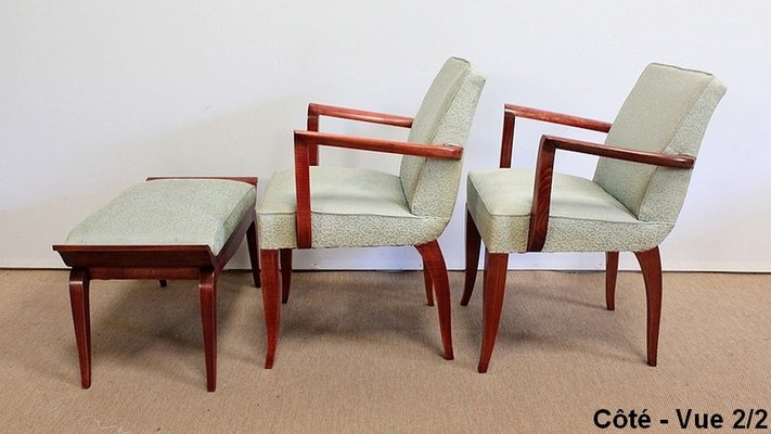 Art Deco Bridge Armchairs and Stool, 1940s, Set of 3-RVK-1009291