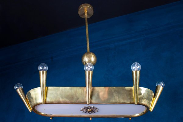 Art Deco Bronze and Opaline Glass Chandelier, Italy, 1930-MBH-1159776