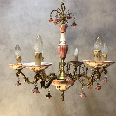 Art Deco Bronze and Porcelain Chandelier, 1920s-SDV-674858