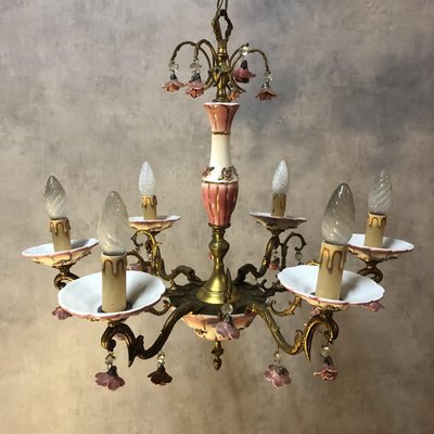 Art Deco Bronze and Porcelain Chandelier, 1920s-SDV-674858