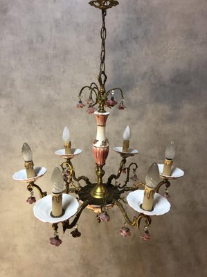 Art Deco Bronze and Porcelain Chandelier, 1920s-SDV-674858